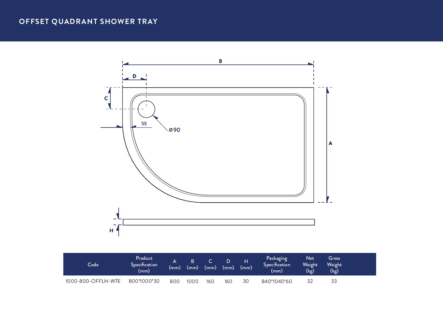 1000X800 Offset Quadrant Tray (Left Hand)