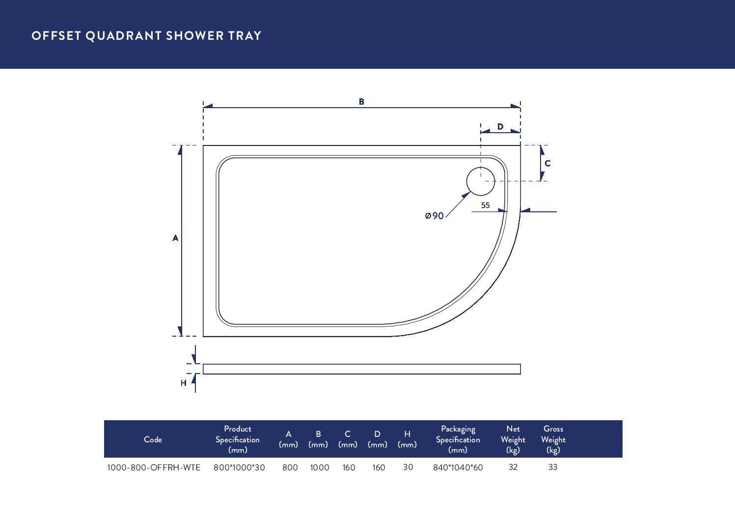 1000X800 Offset Quadrant Tray (Right Hand)