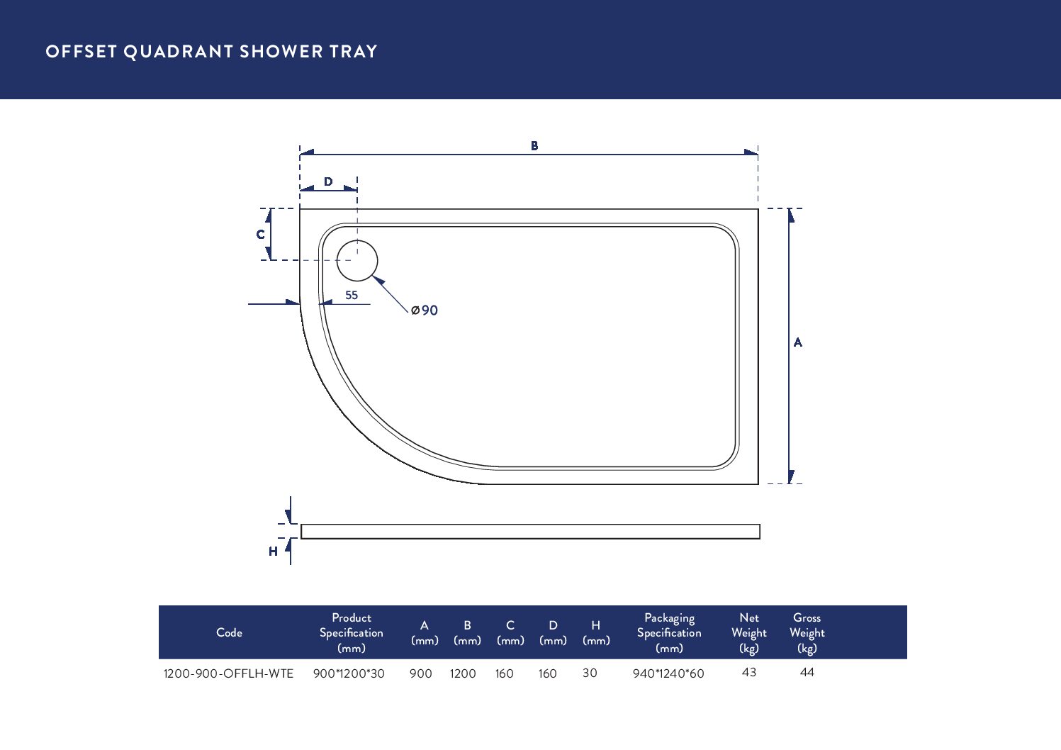 1200X900 Offset Quadrant Tray (Left Hand)