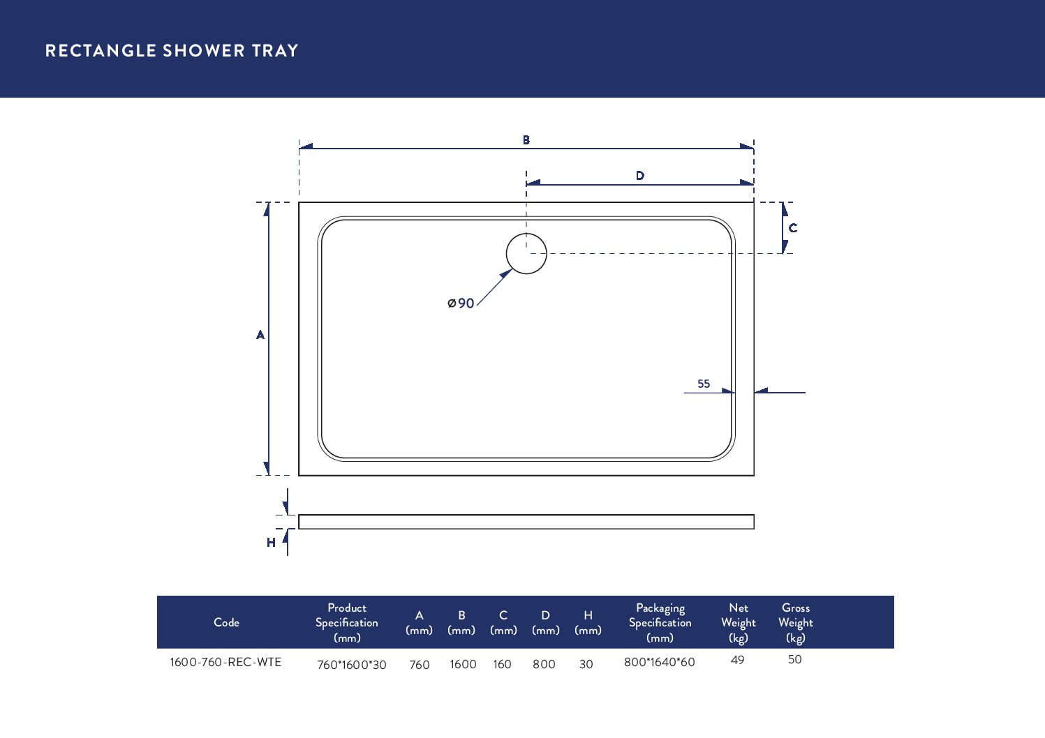 1600X760 Shower Tray