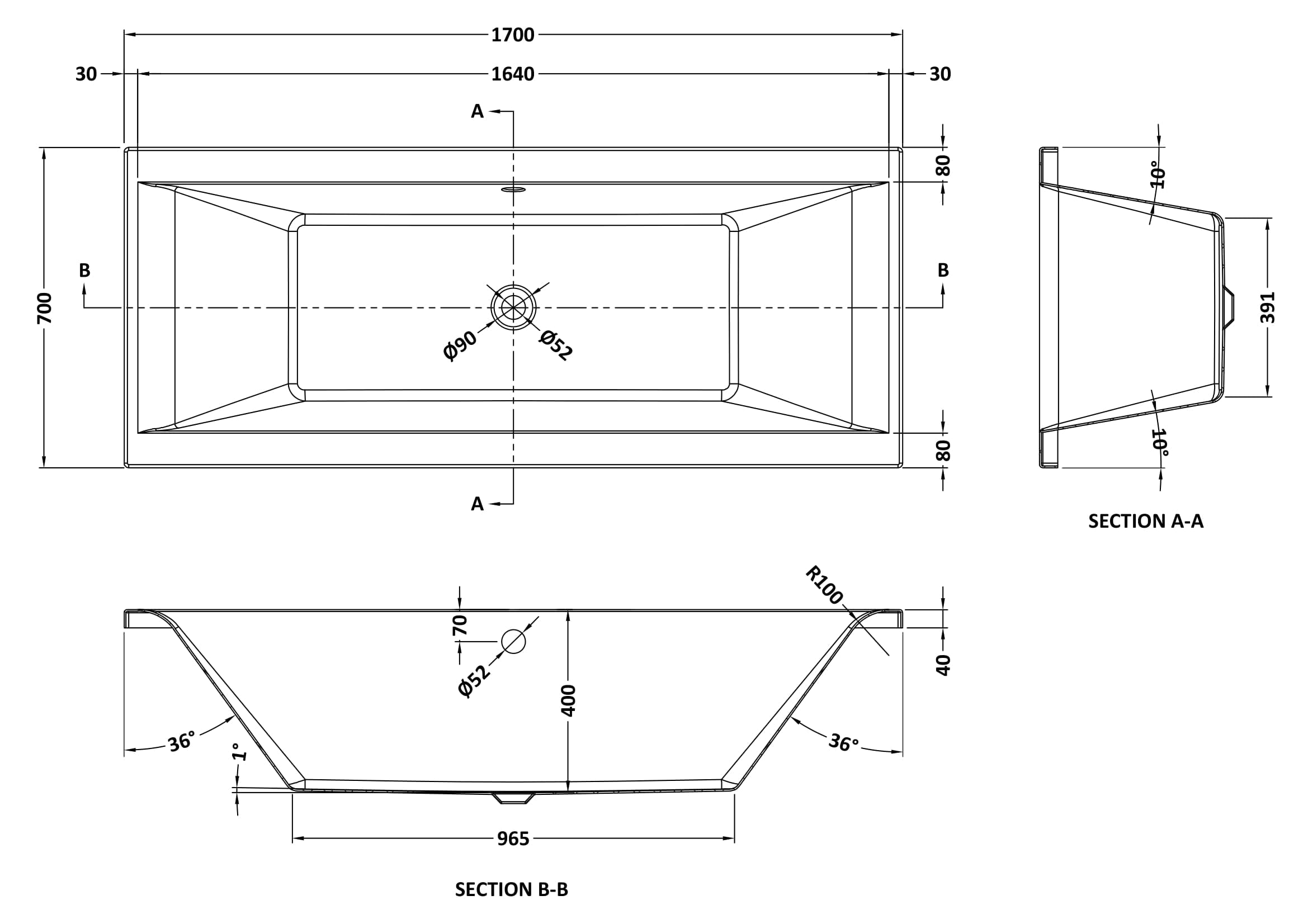 Square 1700mmx700mm Double Ended Bath