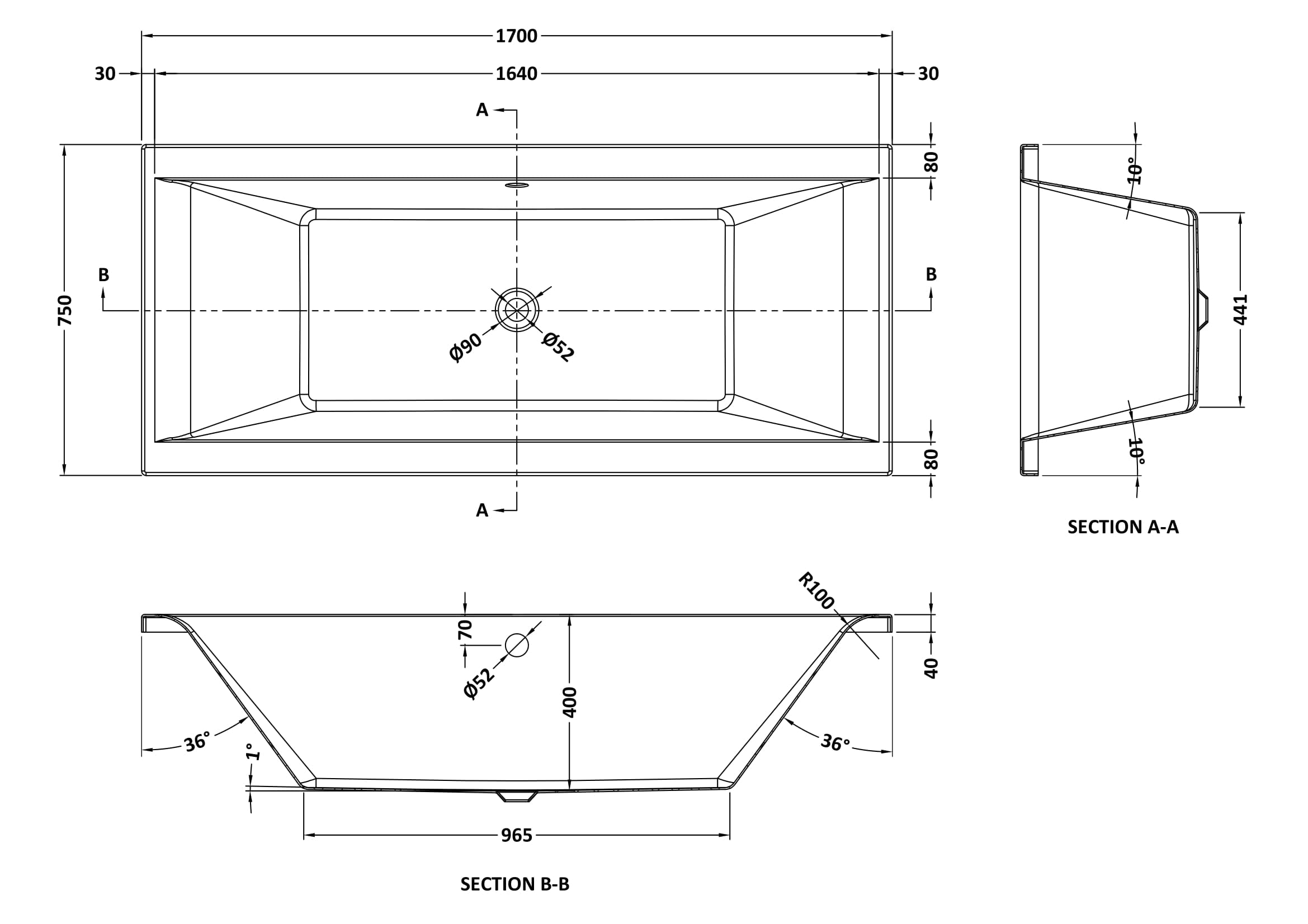 Square 1700mmx760mm Double Ended Bath
