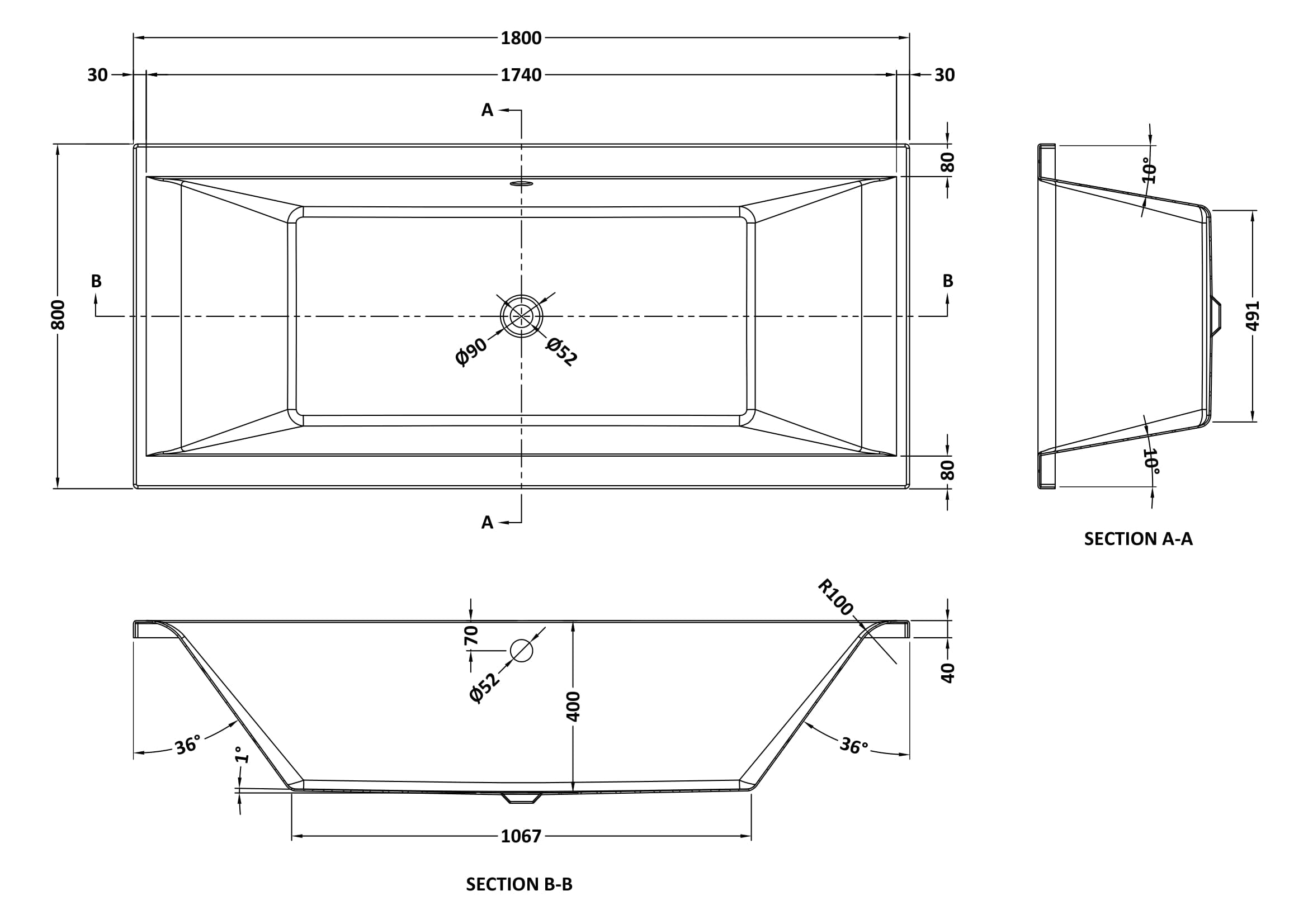 Square 1800mmx800mm Double Ended Bath