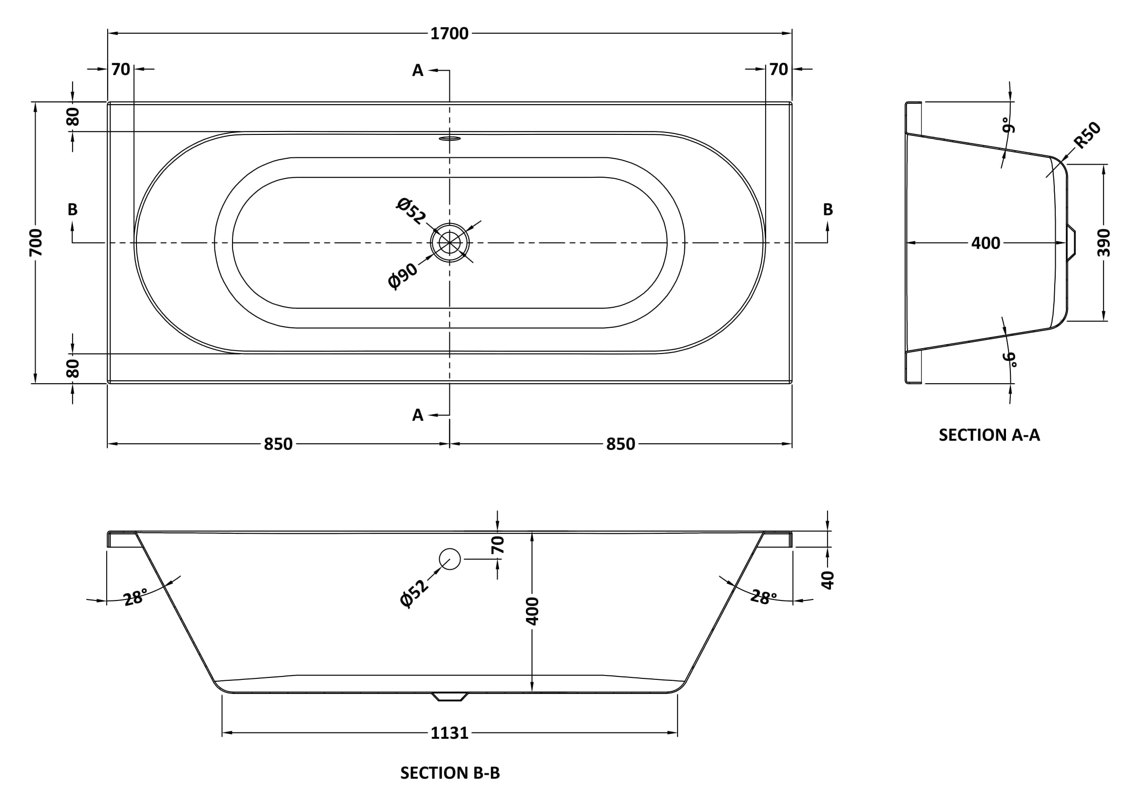 Round 1700mmx700mm Double Ended Bath