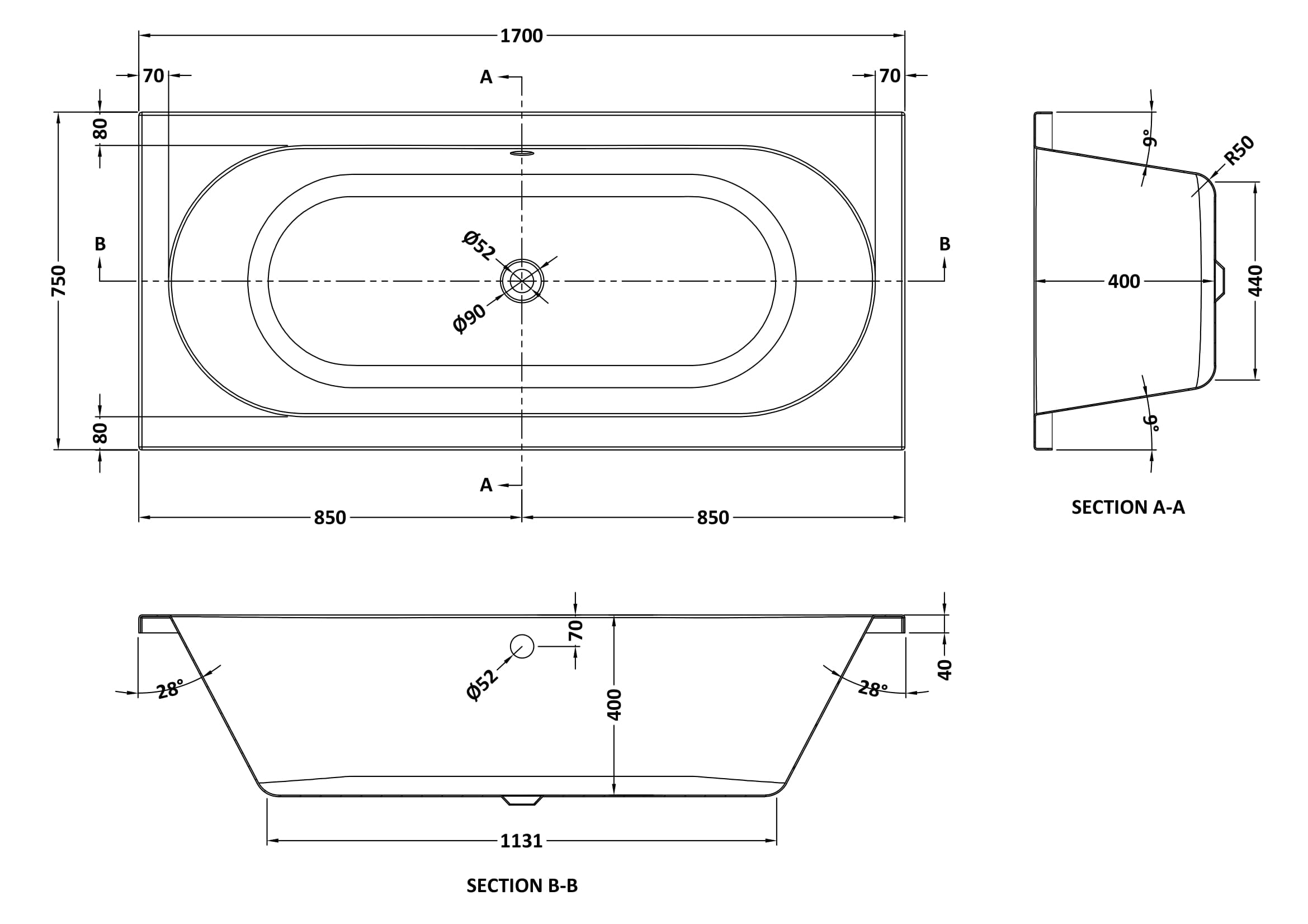 Round 1700mmx760mm Double Ended Bath