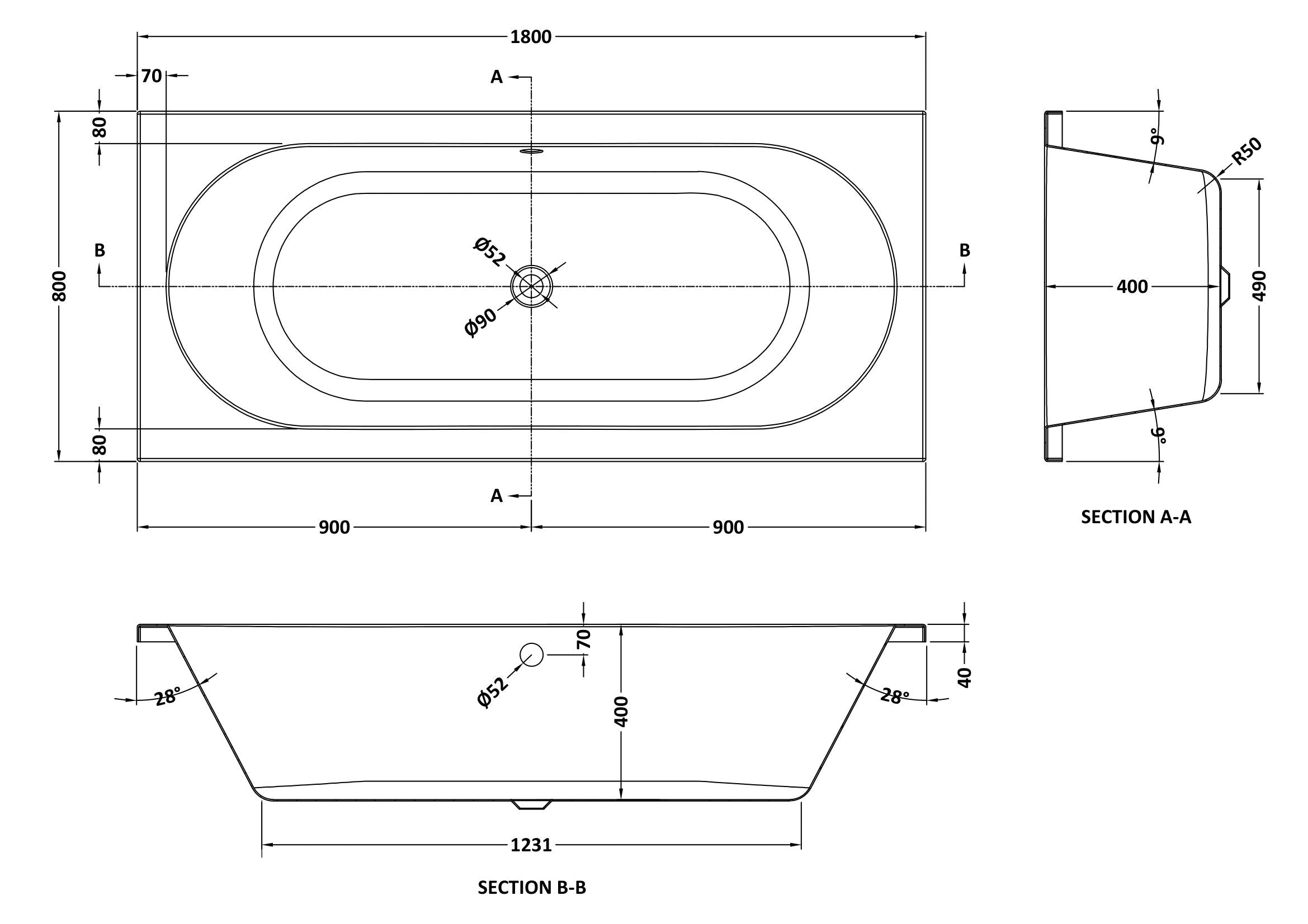 Round 1800mmx800mm Double Ended Bath