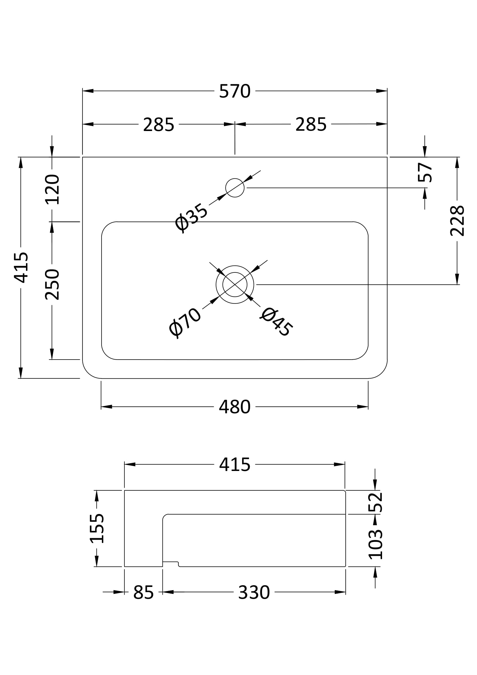 Square Semi-Recessed Basin 570 x 415 x 155mm