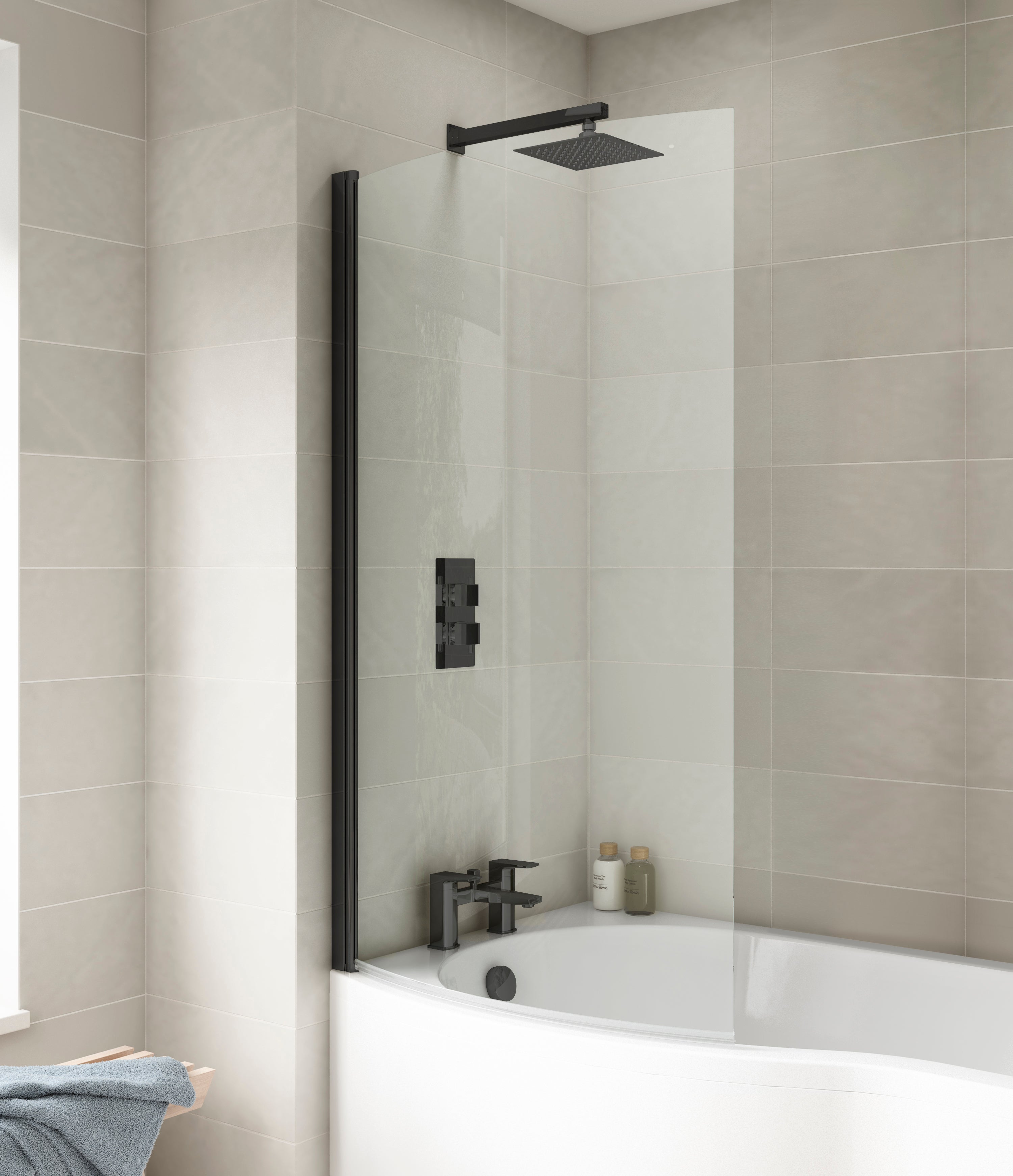 Black P-Bath Curved Hinged Shower Bath Screen