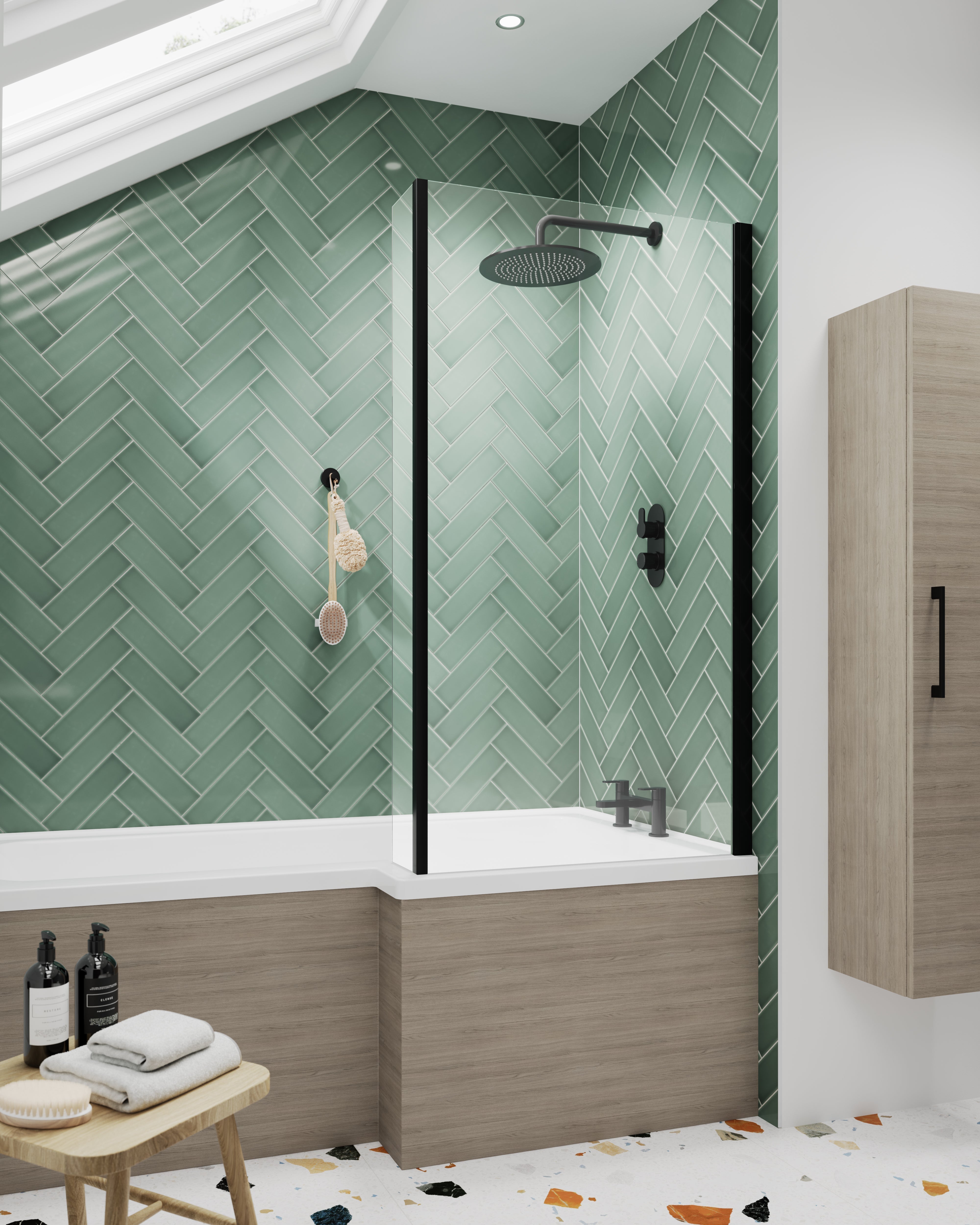 Bath Screens Square L Shape 6mm Toughened Safety Glass Bath Screen with Fixed Return Black
