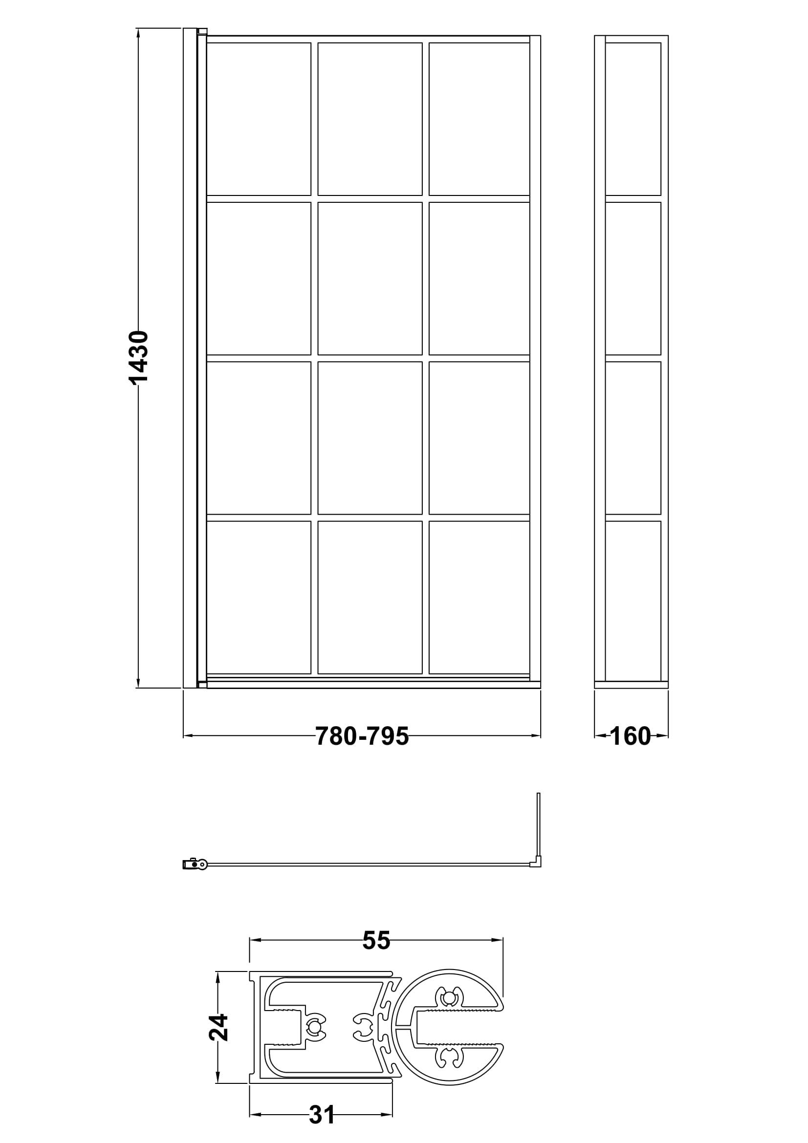 Square Black Framed Bath Screen With Fixed Return
