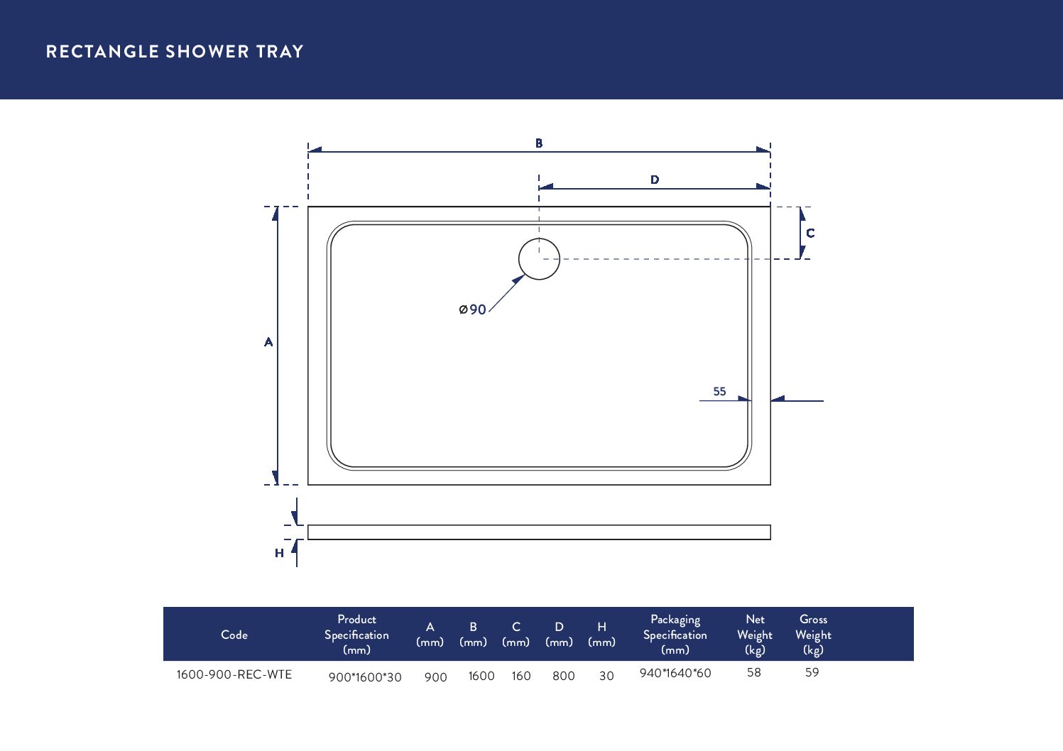 1600X900 Shower Tray