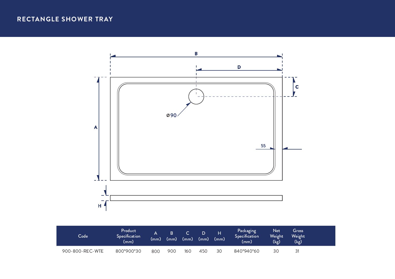 900X800 Shower Tray