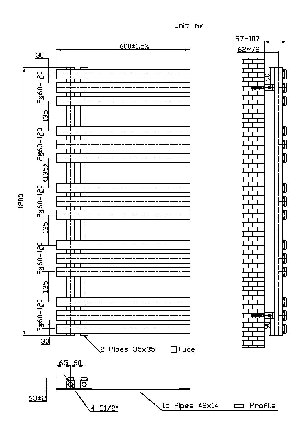 Lizz 600X1200 Carbon Anthracite Towel Rail
