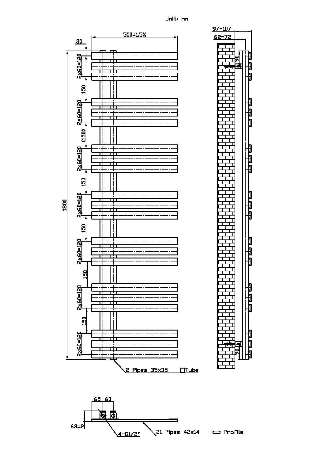 Lizz 500X1800 Carbon Anthracite Towel Rail