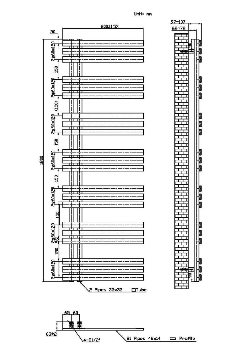 Lizz 600X1800 Chrome Towel Rail