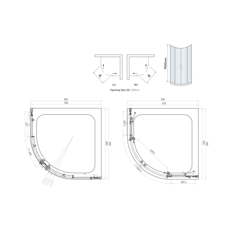 900X900 2-Door Quadrant Enclosure Brass