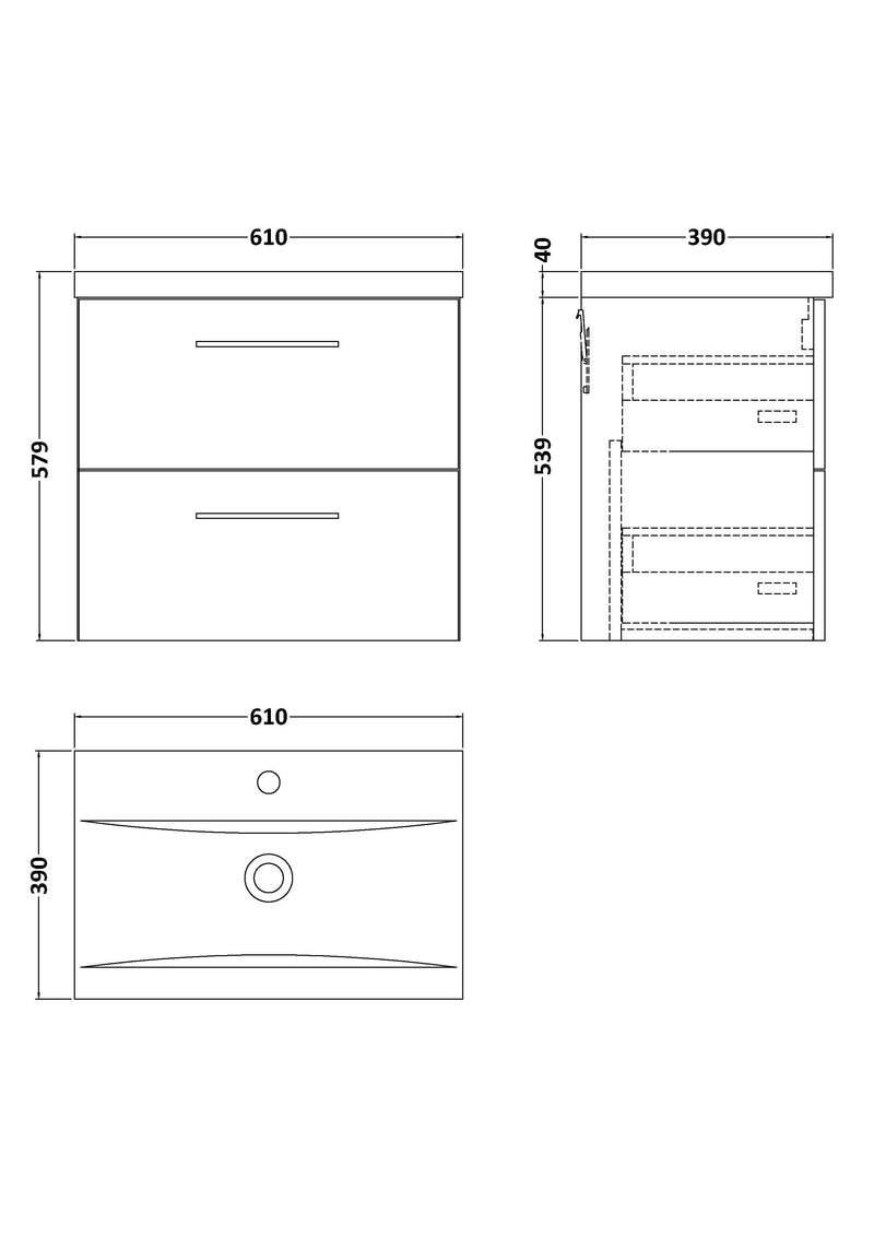Arko 600mm Wall Hung 2-Drawer Vanity
