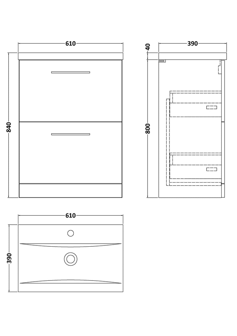 Arko 600mm Floor Standing 2-Drawer Vanity