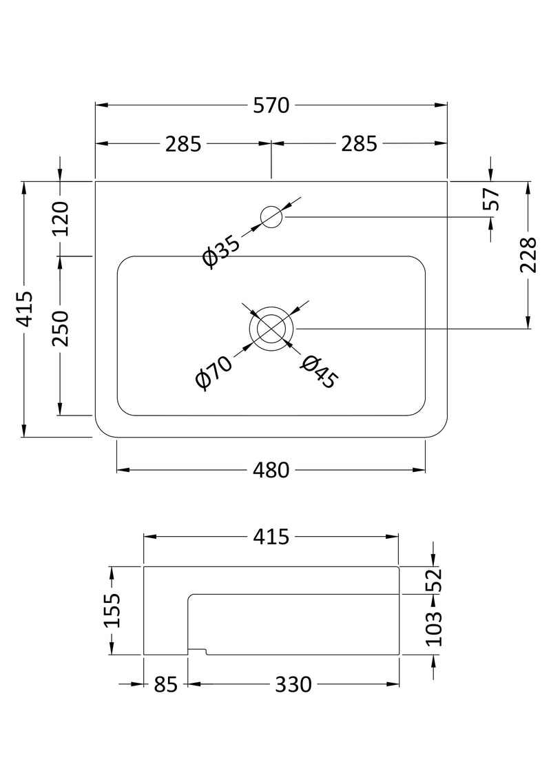Square Semi-Recessed Basin 570 x 415 x 155mm
