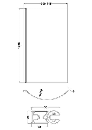 Black P-Bath Curved Hinged Shower Bath Screen