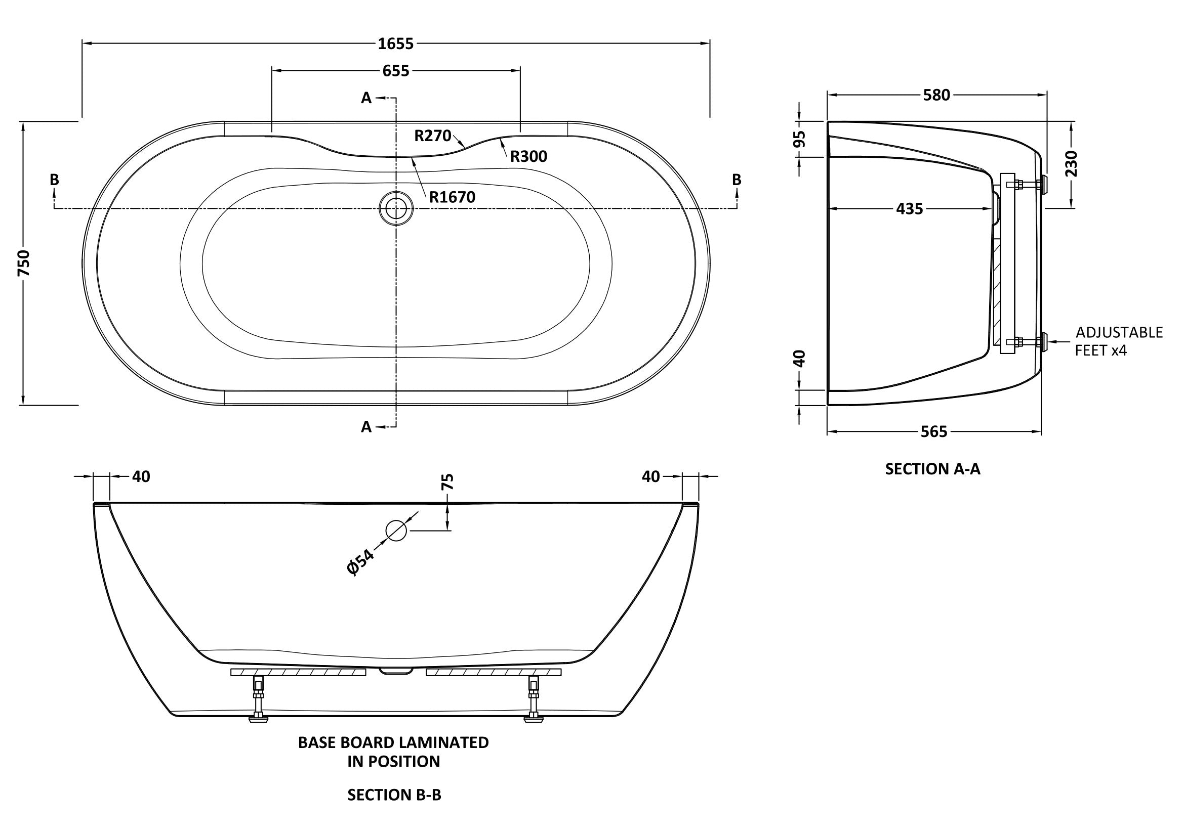 Freestanding Double Ended Bath Tub, 1655mm x 745mm