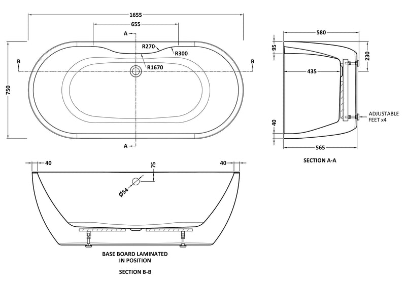 Freestanding Double Ended Bath Tub, 1655mm x 745mm