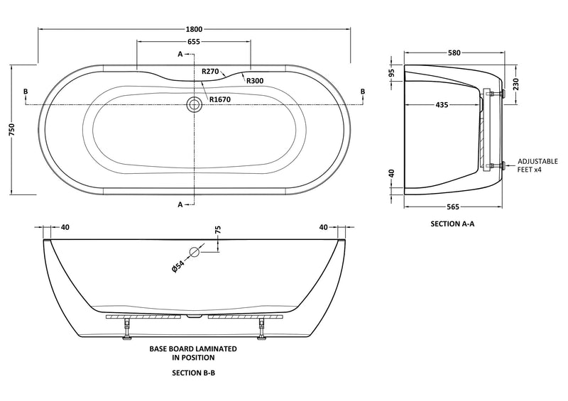 Freestanding Double Ended  Bath Tub, 1800mm x 745mm