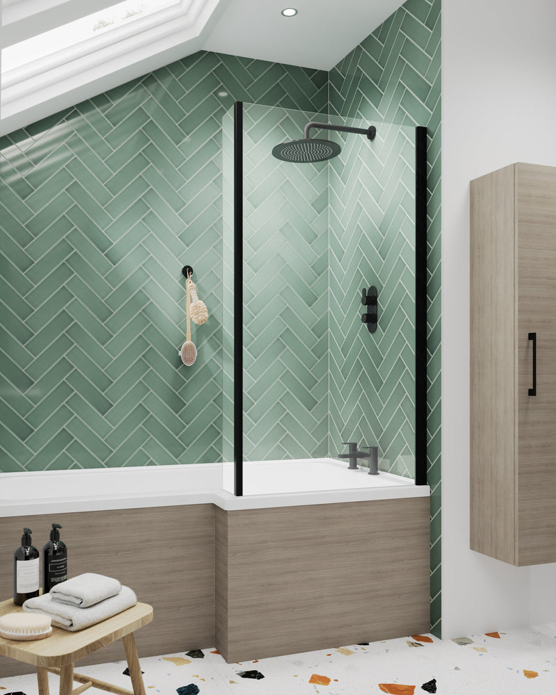 Bath Screens Square L Shape 6mm Toughened Safety Glass Bath Screen with Fixed Return Black