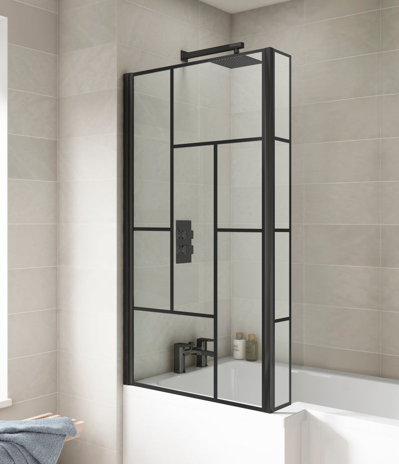 L-Shaped Black Abstract Bath Screen with Fixed Return