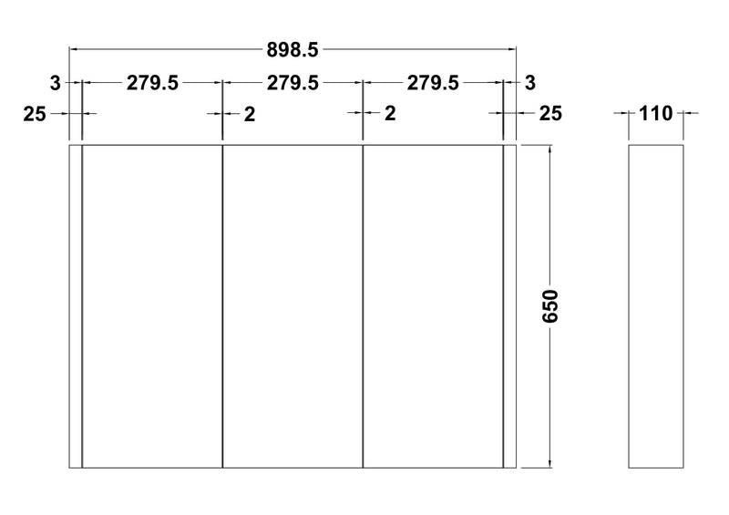 Wall Hung 3-Door Mirror Unit 900mm