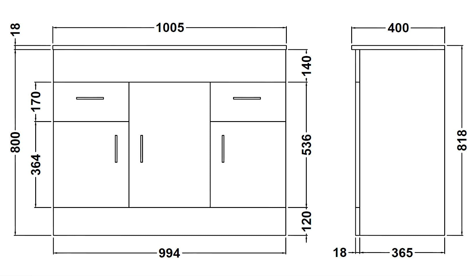 DEN 1000mm Floor Standing 3-Door & 2-Drawer Vanity