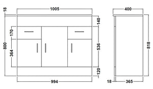 DEN 1000mm Floor Standing 3-Door & 2-Drawer Vanity