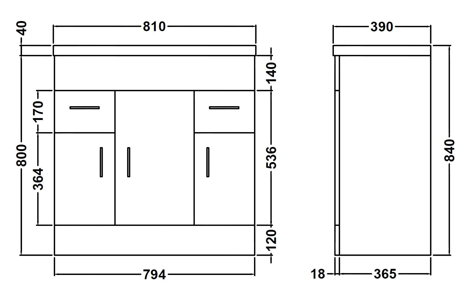 DEN 800mm Floor Standing 3-Door & 2-Drawer Vanity