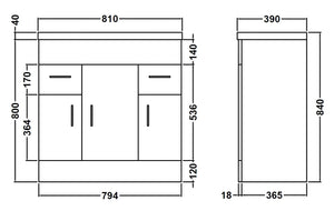 DEN 800mm Floor Standing 3-Door & 2-Drawer Vanity